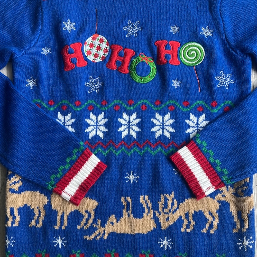 Jolly Sweaters Ho Ho Ho Reindeer Ugly Christmas Sweater Men’s‎ S Blue Pullover